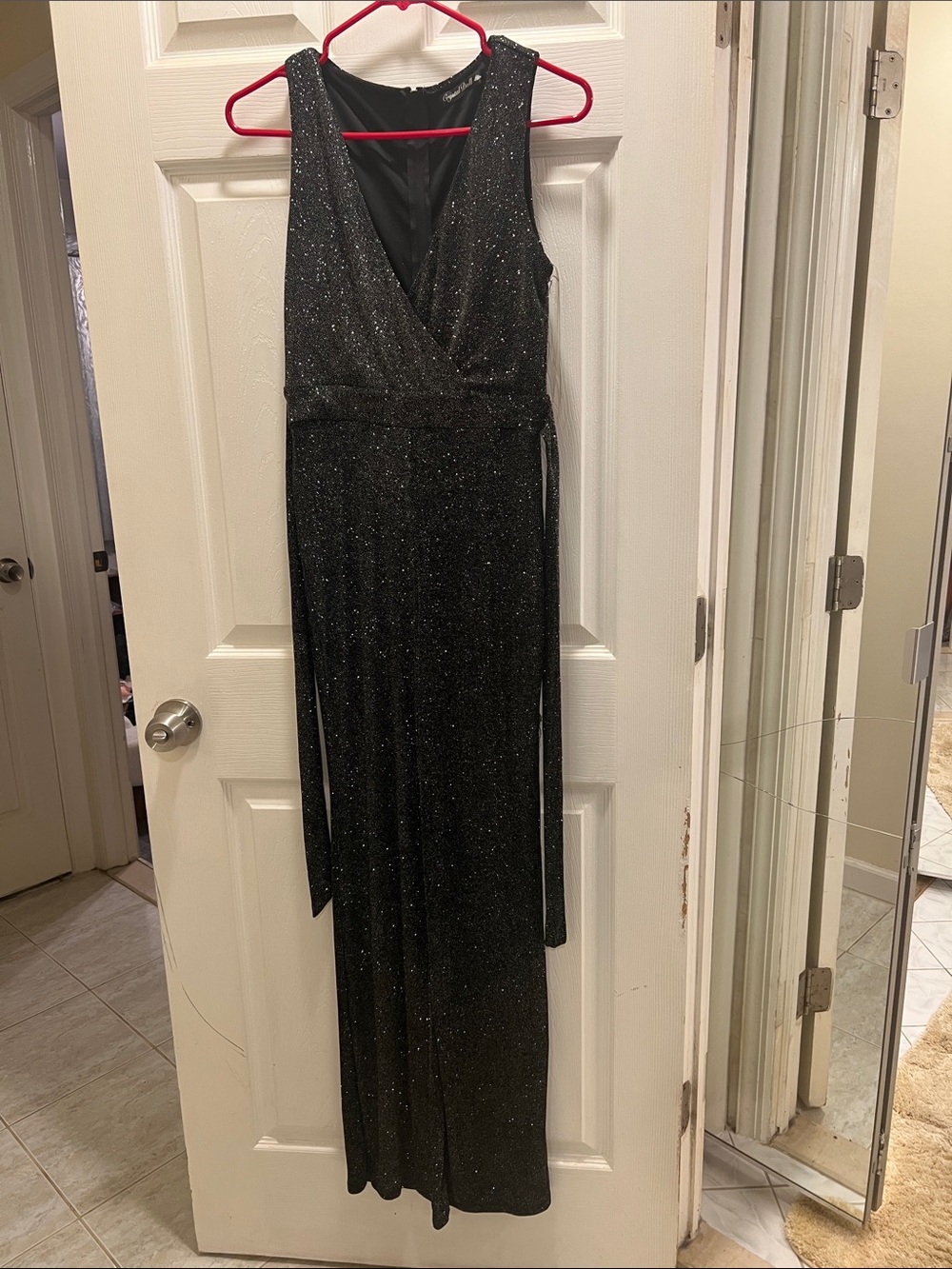 Crystal Doll Black Sparkle V-Neck Jumpsuit